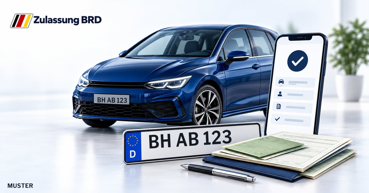 Online Fahrzeugzulassung in Lahr: Musterkennzeichen BH AB 123, Auto und Fahrzeugpapiere und Smartphone. Illustration mit Logo von Zulassung BRD.